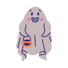 Cute Ghost Character as Flying Poltergeist Creature with Treat Basket Vector Illustration