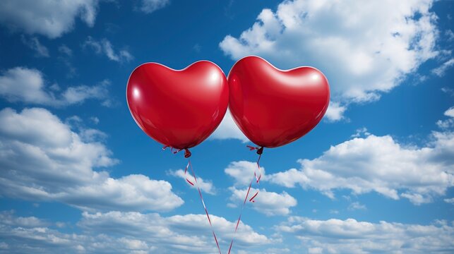 A Couple Releasing Heart-Shaped Balloons Blue Sky , Background Images, Hd Illustrations