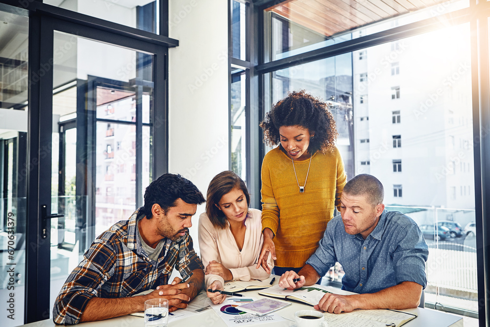 Poster meeting, review and market research paperwork with data, graphs or talking with kpi information in a