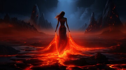 girl in a blue dress in the lava background