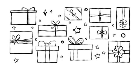 Set of presents, gift boxes with ribbon bow. Vector icons for birthday, New year, Christmas, wedding.
