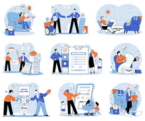 Social security. Vector illustration. Taking action is necessary to address social security challenges Organizations play key role in implementing social security initiatives The economy is closely