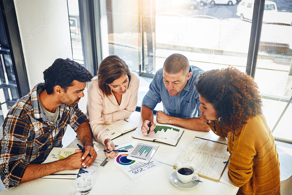 Poster Team, meeting and review with stats and graphs of company target, kpi or market research with data analysis. Above, table or paperwork report of growth, progress or startup analytics of performance