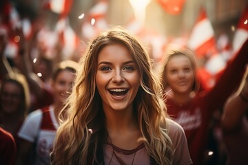 Young cheerful girl against the backdrop of crowd of young people marching along city street under red and white flags. Poland Independence Day. Patriotic concept with national state symbol. - obrazy, fototapety, plakaty