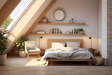 Interior of the cute small attic bedroom with cozy minimal mix scandinavian style.