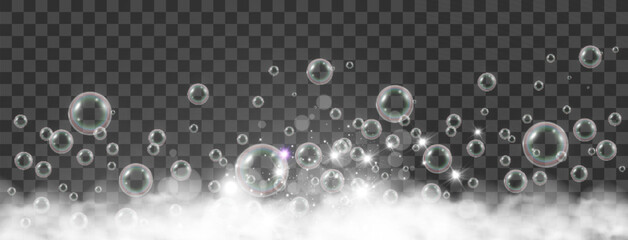 Air bubbles on a transparent background. Soap foam vector illustration.	

