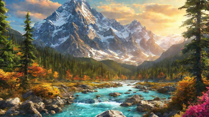 Obraz premium Adventure in the wild, immerse yourself in the spirit of adventure; the vast wilderness. Hiking trails, majestic peaks and crystal clear river invite you to discover the wonders of nature