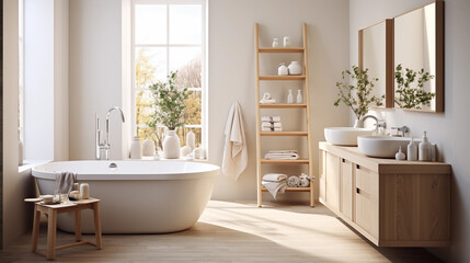 Fototapeta na wymiar Modern minimalistic bathroom with wood accents 