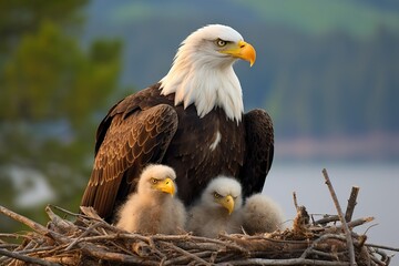 Majestic Bald Eagle with Chicks in Nest