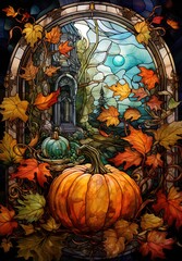 Stain glass window with an autumn design featuring a pumpkin and autumn leaves.