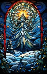 Stain glass window with a winter theme and trees.