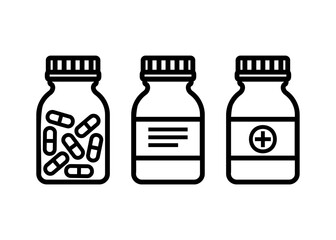 Set of line art pill bottles, medicine containers.