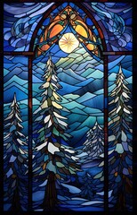 Stain glass window with a winter theme and trees.