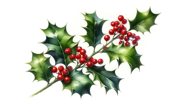 A watercolor representation of a sprig of holly with vibrant red berries and green leaves.