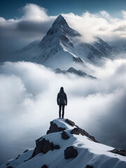 Inspirational beautiful photograph of a person standing in front of a snowy mountain peak covered in clouds - obrazy, fototapety, plakaty