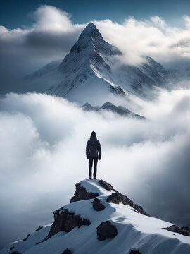 Inspirational beautiful photograph of a person standing in front of a snowy mountain peak covered in clouds