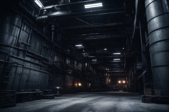 Giant dark heavy industry hall with metal pipes, dirty grunge background