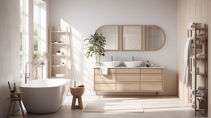Modern minimalistic bathroom with wood accents  - obrazy, fototapety, plakaty