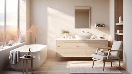 Fototapeta na wymiar Modern minimalistic bathroom with wood accents 
