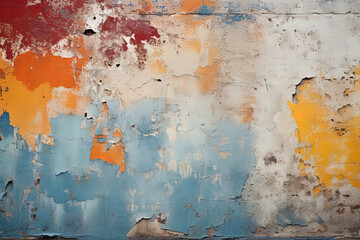Old weathered concrete wall with peeling paint with different colors on each layer textured...