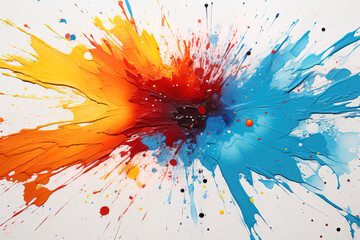 Colorful textured bright vivid orange blue and red oil paint splatters on white background