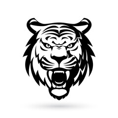 A monochromatic logo of a roaring tiger head depicted as a pictogram on a white background