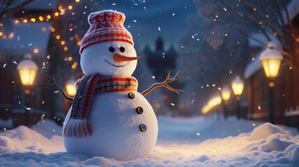 Fototapeta premium snowman stands in the snow against a background of Christmas lights, generative ai 