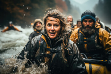 A vibrant woman amidst a rafting team facing wild river rapids, showcasing thrill and joy of adventure sports.