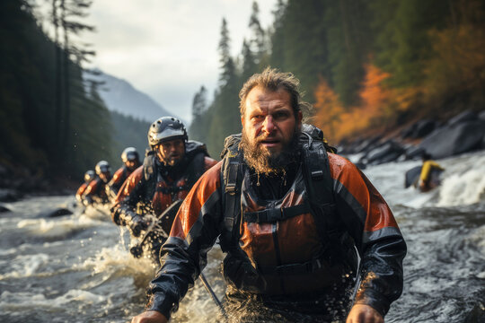 Intense bearded man navigating a river rapid with a team, showcasing the essence of challenging wilderness expeditions.