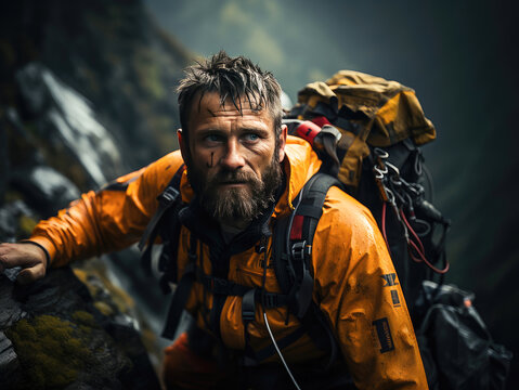 Wet adventurer in orange raincoat climbs mountain terrain with a backdrop of a cascading waterfall.