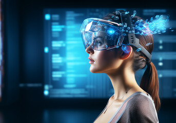 Woman with digital glasses in digital abstract world technology. AI generative