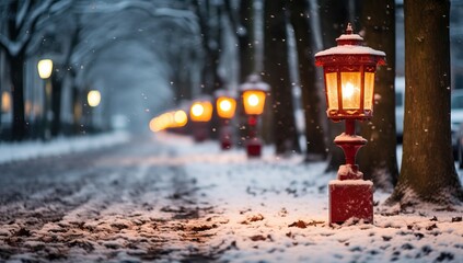Snowy street with red lanterns