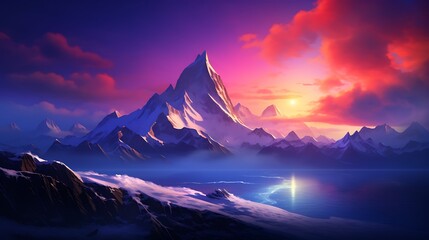 Realistic landscapes - Alpine mountains and northern lights: “HD landscape - snowy mountain peak, clear sky, sunset colors