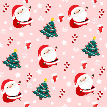 Christmas seamless pattern, christmas season with christmas tree, santa claus,  on pink background,Merry christmas and Happy new year. vector,illustration.