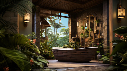 Fototapeta na wymiar Modern tropical style bathroom with a bathtub