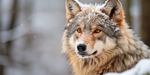 Portrait of a wolf in the snowy forest. Wild animals.