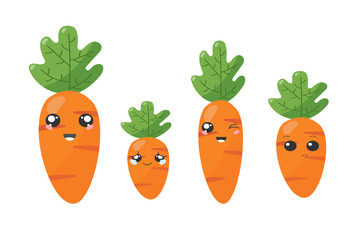 Carrot cartoons with cute face icons isolated on white background vector illustration. pretty cartoon character.