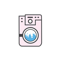 Washing machine icon, flat style line art black and white. Clothes dryer, washer or Laundry logotype Vector design element on white background.