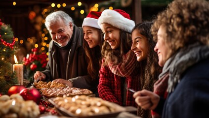 Family gathering around a table of Christmas treats