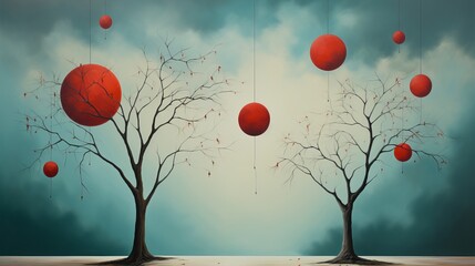 A vibrant canopy of red orbs adorn the majestic trees against the vast blue sky, evoking a sense of awe and wonder in the great outdoors