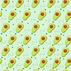 Seamless pattern with avocados Healthy vegetarian food. Whole avocado Avocado halves and leaves Botanical elements isolated on green background. Modern abstract vector illustration.