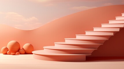 A whimsical journey awaits as you ascend the round pink stairs, surrounded by a dreamy cloud-filled sky and vibrant pink walls adorned with eclectic art