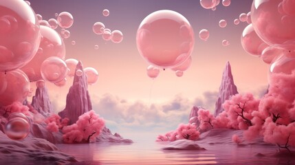 A sea of delicate pink bubbles dance across the sky, as vibrant balloons soar high above in a whimsical outdoor dream