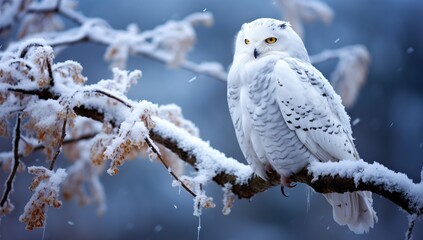 Snowy owl perched on a winter branch