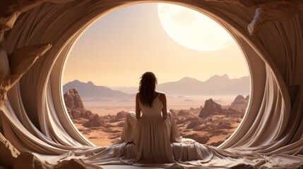 A solitary woman gazes out of a grand building's window, her flowing white dress a stark contrast against the rugged mountains and barren desert landscape - obrazy, fototapety, plakaty