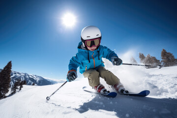 Kid skiing in the mountains, happy wintertime, winter break