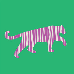 Silhouette of a tiger on a green background. Decorative animal with chaotic stripes inside. Vector isolated abstract illustration.