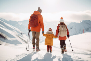 Father with two children walking in high mountains in winter