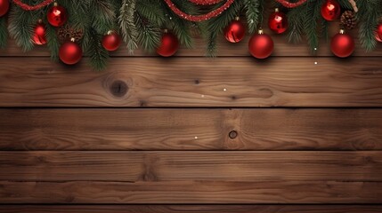 Wide horizontal banner of wooden natural Christmas decoration background