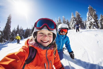 Fototapeta na wymiar Children skiing in the mountains, happy wintertime, winter break